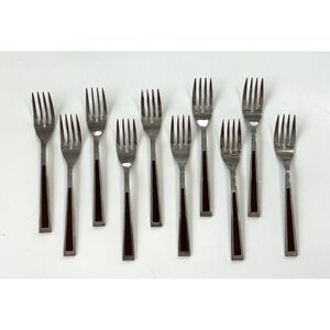 10 Vintage Forks MCM Stanley Roberts flatware provincial walnut Wood Inlay